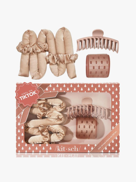 Kitsch Satin Heatless Hair Curler Styling Gift Set in multiple branded components on a light gray background